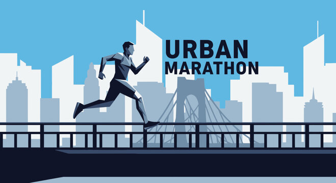Runner Crossing Bridge In Urban Cityscape During Exciting City Marathon Event