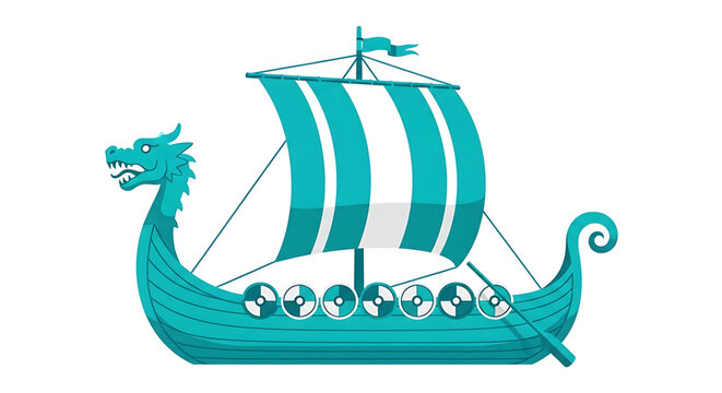Teal viking longship drakkar with dragon head prow and striped sail vector illustration