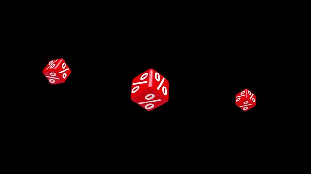 Three red cubes with white percent symbols rotate and float on a black background in a loop, 3D animation