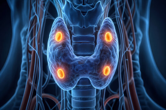 Parathyroid glands on thyroid 3D medical illustration