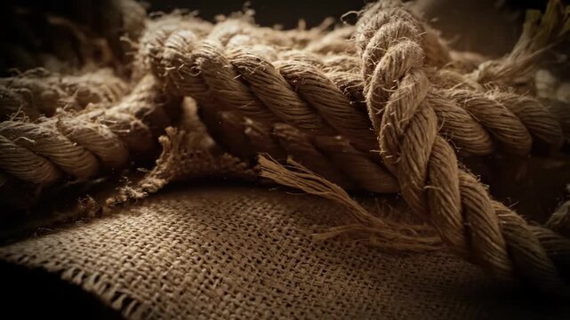 Close-up of Thick Rope Tied Around Burlap Sack in Dim Lighting.
