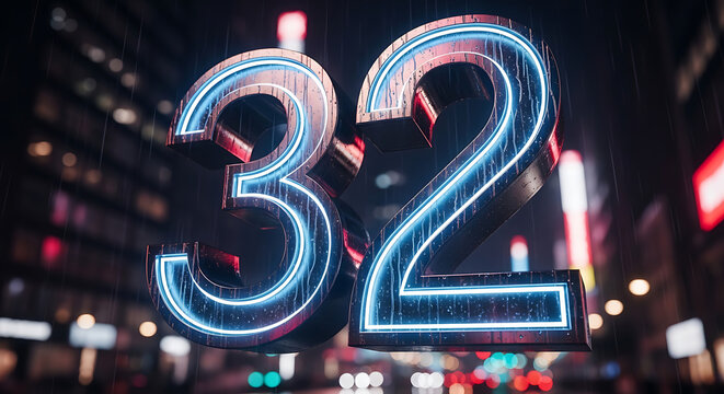Metallic textured number 32 with blue neon lights in rainy city night scene transparent background