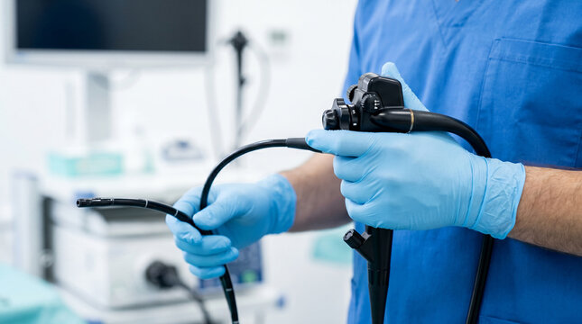 Close-up of a doctor in blue gloves holding an endoscope in a clinic. Modern medical equipment for healthcare diagnostics