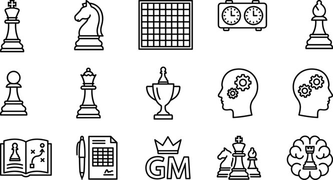 Chess icons set including pieces board clock strategy book isolated on transparent background