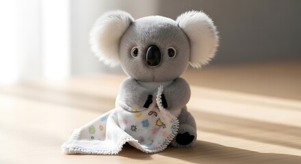 Fototapeta premium Adorable plush koala toy with a patterned blanket, perfect for nursery decor or a child's comforting companion