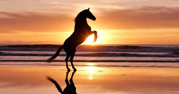 Dramatic black horse silhouette rearing up on beach at sunset with ocean waves and reflection, dynamic action pose