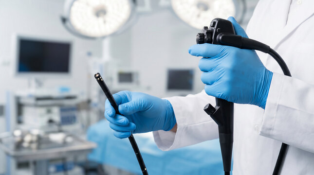 A medical professional in blue gloves holds an endoscope ready for a medical procedure. Sterile hospital room with diagnostic equipment