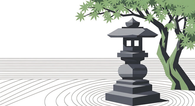 Minimalist vector illustration of a traditional japanese stone lantern in a zen garden with raked sand and a green maple tree