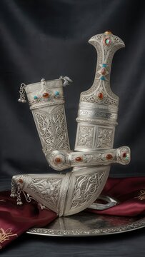Ornate Silver Dagger and Sheath with Carnelian and Turquoise Gemstones, Middle Eastern