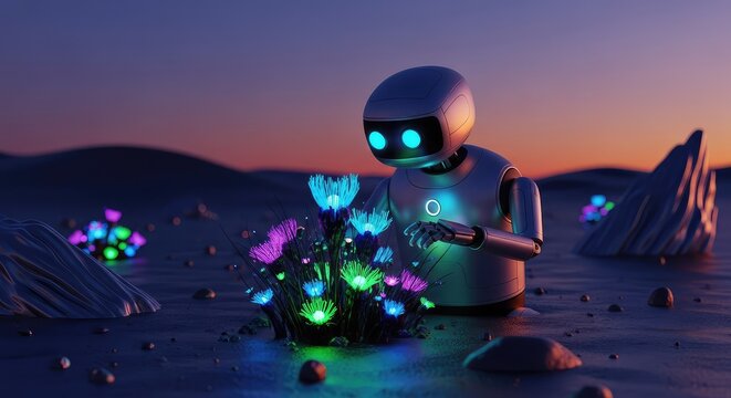 A sleek autonomous robot with glowing optics examines a strange bioluminescent flora within a high-tech desert environment during twilight, lights, flora, plants