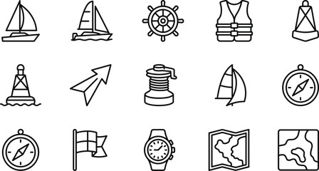Sailing icons set featuring boats compasses flags maps and navigation tools © MD