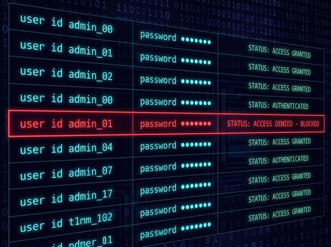 Digital security breach with blocked user access on a glowing server log screen