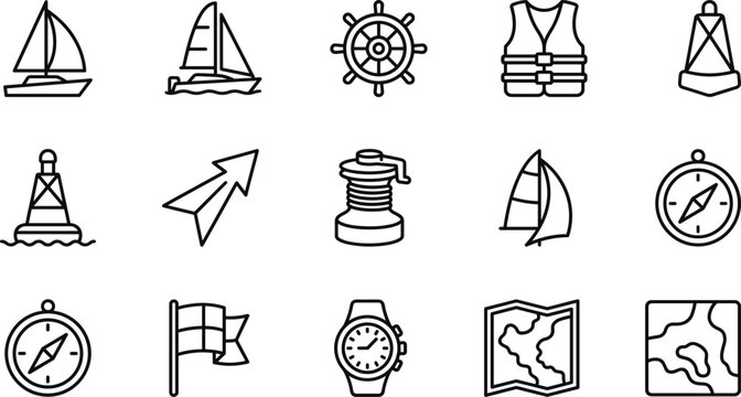 Sailing icons set featuring boats compasses flags maps and navigation tools