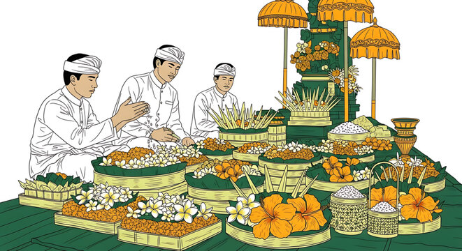 Balinese hindu men performing traditional prayer ceremony with canang sari offerings