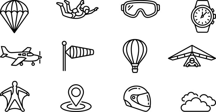 Skydiving icons set featuring parachute goggles watch airplane windsock balloon glider wingsuit helmet cloud