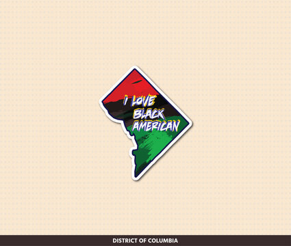 District Of Columbia DC State Shape Sticker With Pan African Flag Colors And I Love Black American Text. Great for laptops, journals, cars and personalized accessories.