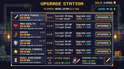Fototapeta premium Detailed pixel art game interface showcasing character attribute progression through an organized upgrade system with various skill improvements and resource management