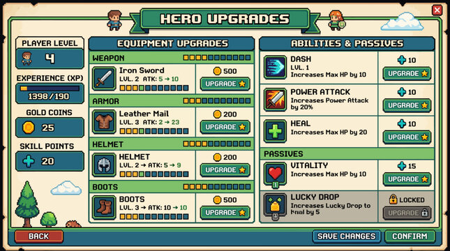 Organized retro pixel art game interface in an 8-bit inspired casual style, displaying a hero upgrade menu with equipment, abilities, and passive skill progression options