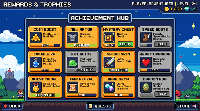 Achievement Hub interface for a video game, displaying a grid of unlockable rewards and trophies