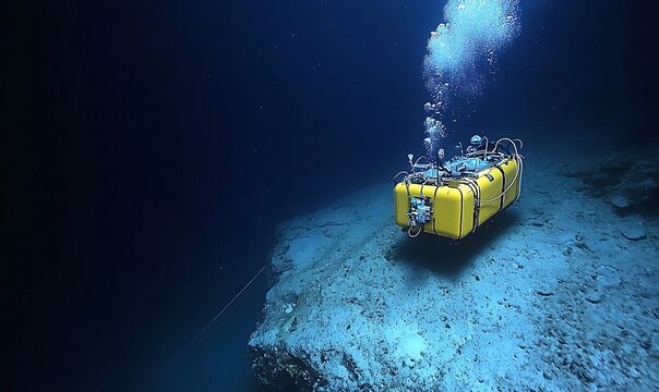 Yellow deep sea exploration robot moving over ocean floor rocks.