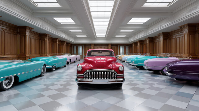 Classic red car gleams in a luxurious garage filled with vintage convertibles under a bright skylight illuminating the checkered tile floor in this opulent scene.