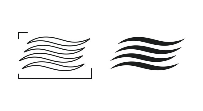 Abstract wave flow icons in both thin line and solid black styles indicating motion energy or fluid dynamics for creative graphic design projects and user interface elements