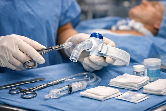 Nurse Preparing Tracheostomy Tube for Patient in Intensive Care Unit