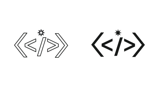Coding or programming bracket tag icon set featuring central star symbol in outline and solid black style for software development and web design interface elements