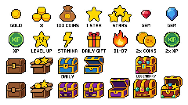 Pixel Art Game Icons Coins, Gems, Chests, and Power-Ups for Casual Gaming