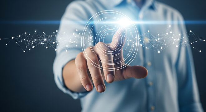 Hand touching digital holographic globe interface