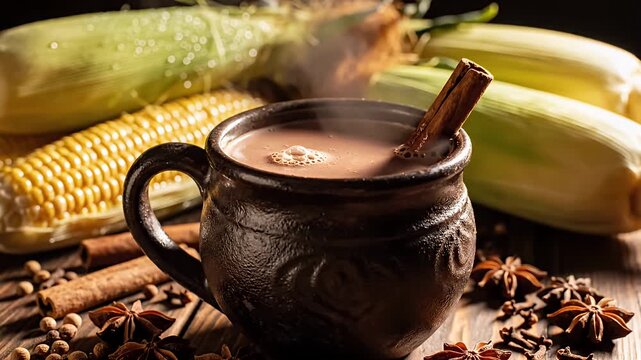 Close up of a warm beverage in a rustic mug with cinnamon