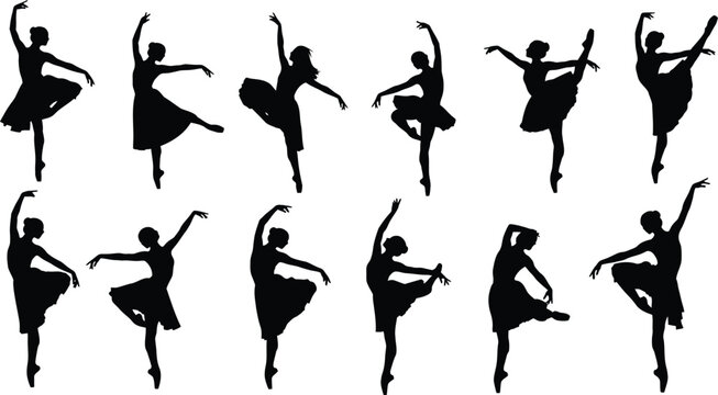 Silhouette of multiple ballet dancers in various poses