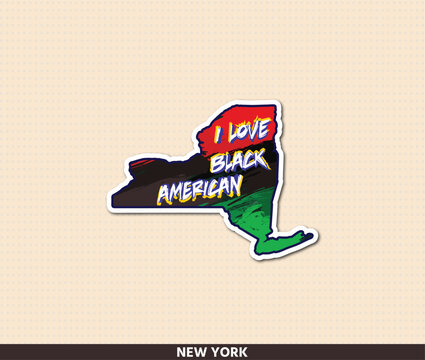 Stunning New York state shaped sticker featuring Pan-African colors &mdash; red, black and green &mdash; with bold brush texture and "I Love Black American" grunge typography. Celebrate Black pride