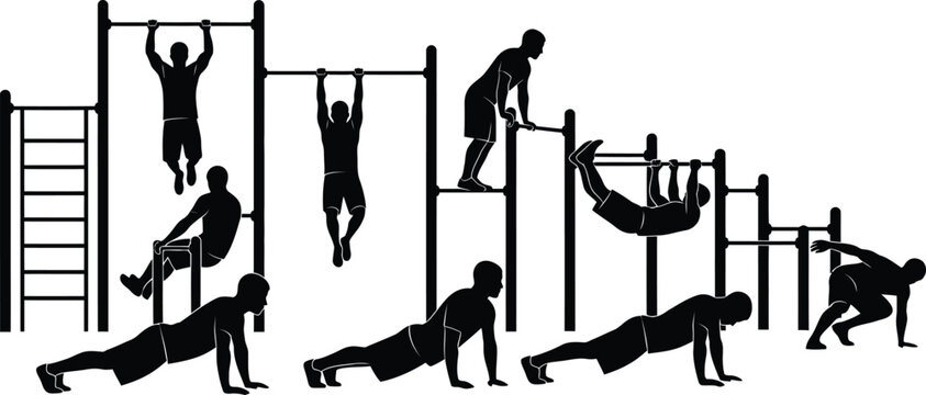 Silhouette of people exercising on outdoor gym equipment