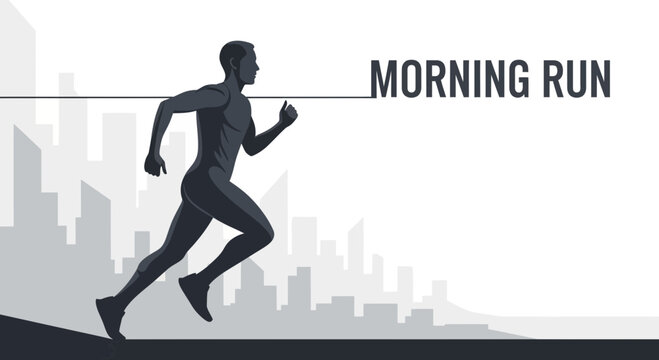 Silhouette Of Jogger Running In The City With Morning Run Text, Vector Illustration