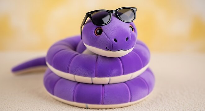 A cute purple plush toy snake wearing cool black sunglasses sitting on a soft surface