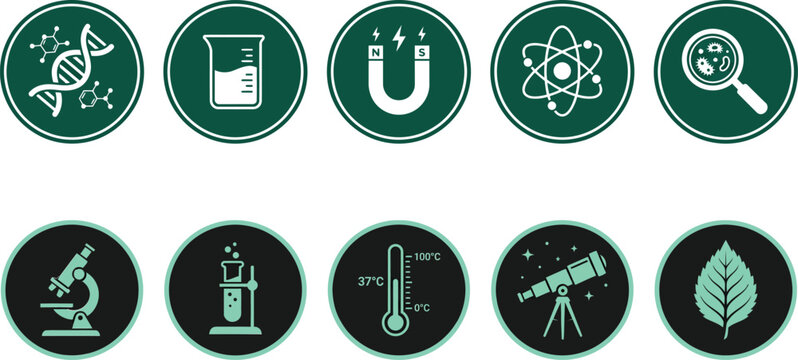 Science icons set with biology, chemistry and physics symbols isolated on white background, Vector