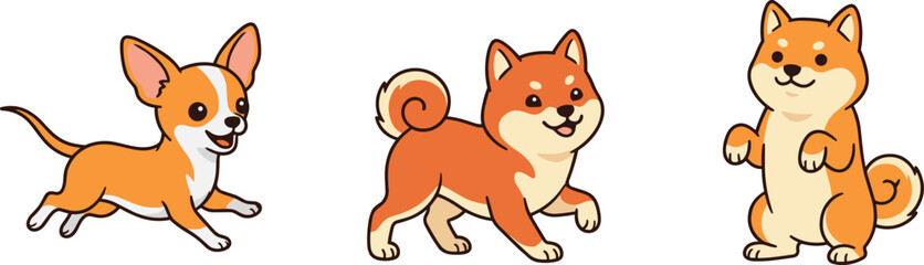 Cute Corgi and Shiba Inu Puppy Dogs in Different Playful Poses Flat Vector Illustration Set © MD