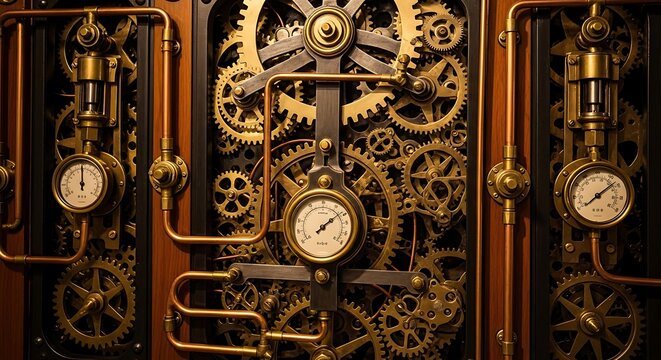 Close up of complex golden clockwork gears and vintage mechanical pressure gauges with copper pipes and dark background