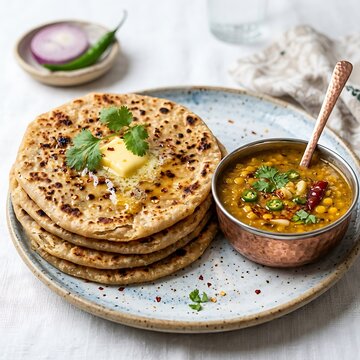 Stack of whole wheat parathas with butter and lentil curry on rustic plate