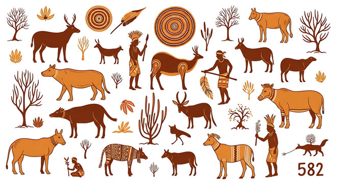 Set of tribal elements with indigenous people, wild animals, and plants in ethnic style