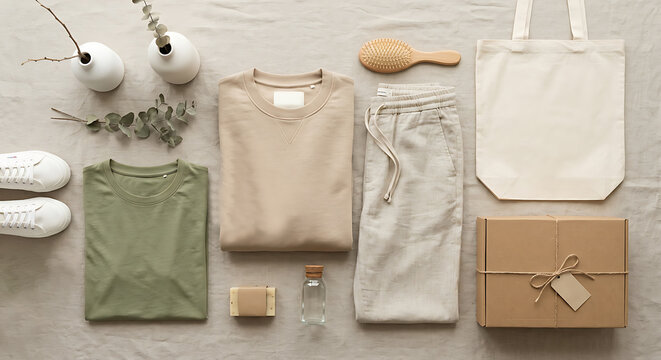 Eco-conscious wardrobe and daily essentials featuring organic fabrics, reusable items, and modern minimalist style