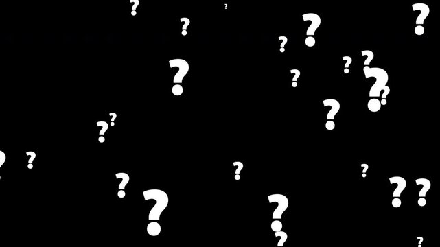 White question marks animation on a black background. Abstract background perfect for concepts of uncertainty, FAQ, searching for answers, and mystery