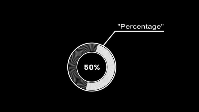 Circular infographic element showing 50 percent with segmented circle and connecting line percentage.4k video.