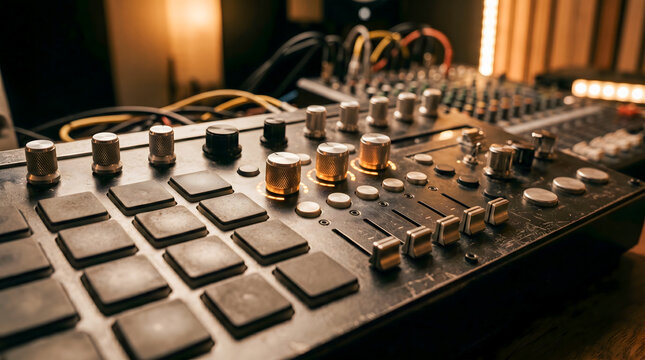 Close-up of professional drum machine and audio mixer console in a dimly lit recording studio for music production.