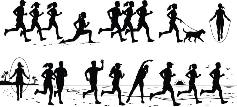 People jogging and exercising outdoors and indoors isolated on white background, Vector