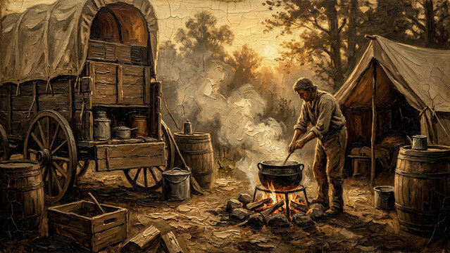 Rustic Frontier Morning at the Chuckwagon Camp Kitchen Materic Impasto Oil Painting Art Title