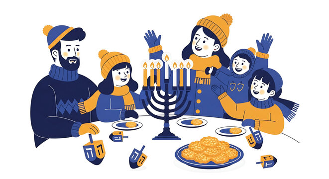 Happy family celebrating hanukkah together around a table with a lit menorah, dreidels, and latkes vector illustration of jewish holiday tradition