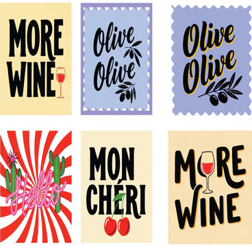 Retro typography poster collection featuring more wine, olive, and mon cheri illustrations