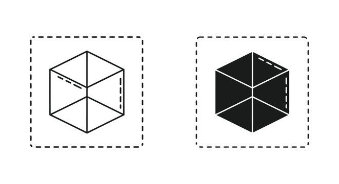 Hexagonal cube 3D geometric shape icon set with dashed border in line and solid black styles for technical drawing and design